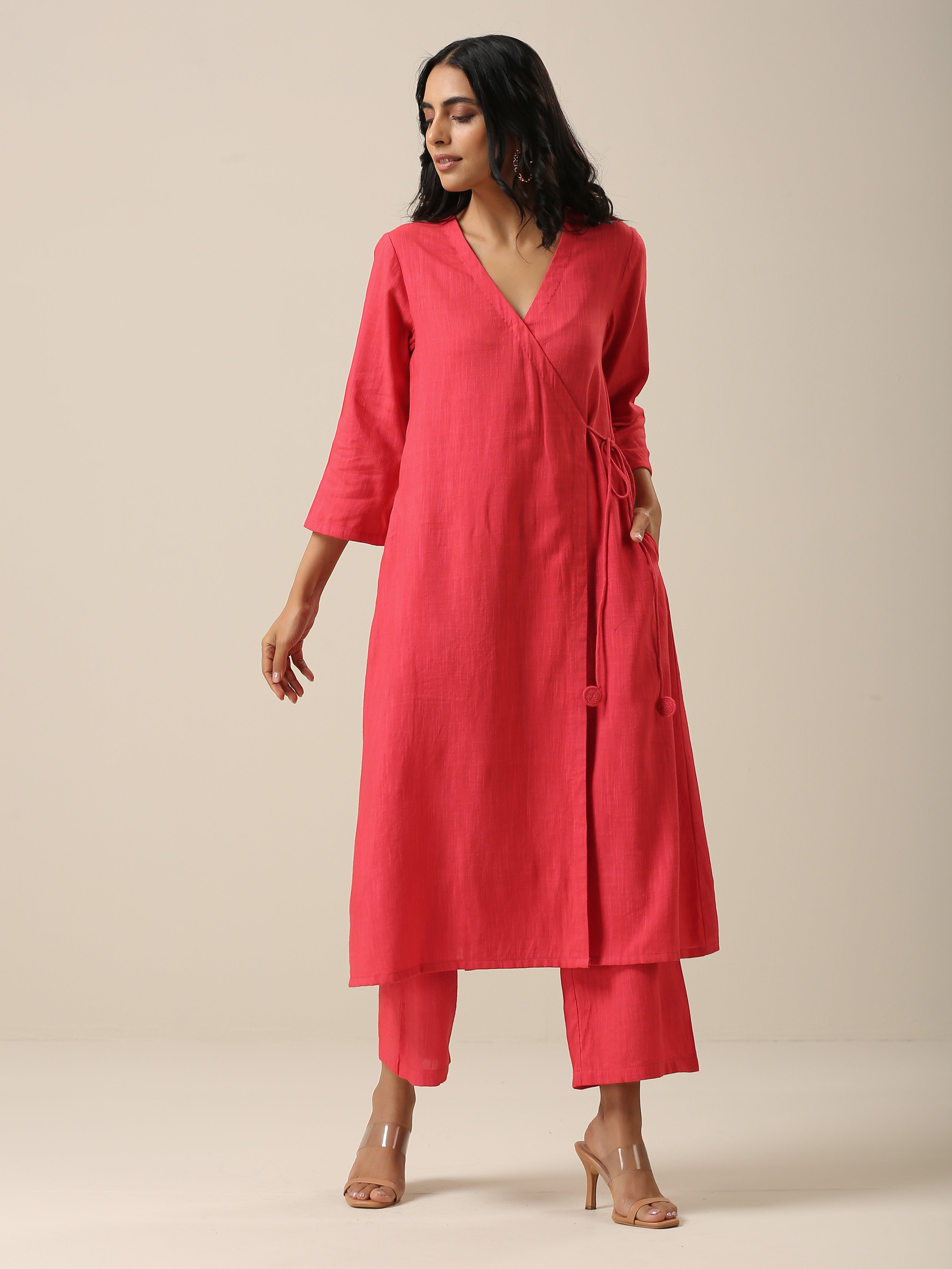 trueBrowns Bright Pink Slub Texture Angrakha Pant Set - Distacart