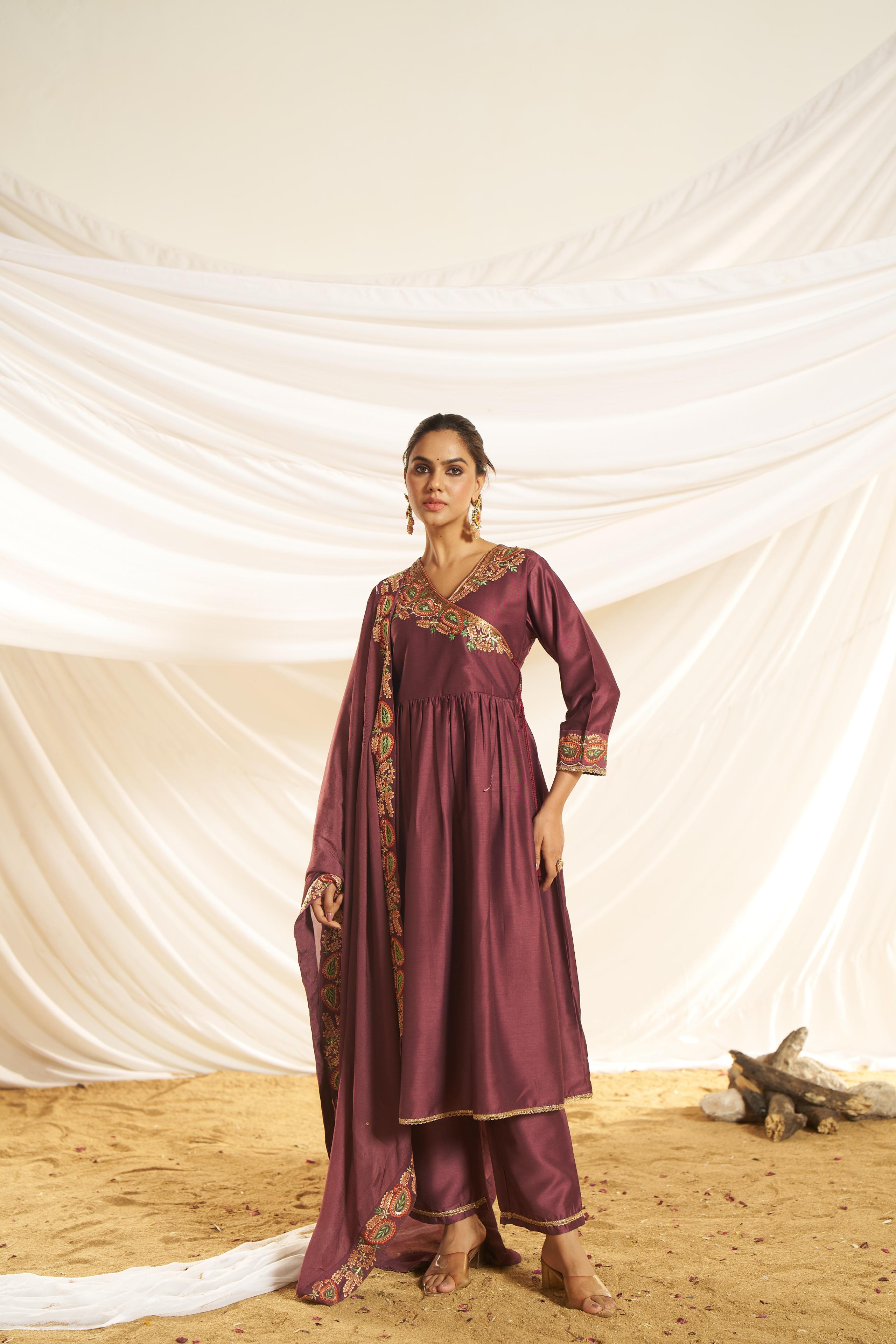 BulBul Women Wine Embroidered Premium Silk Angrakha Pattern Flare Suit With Dupatta