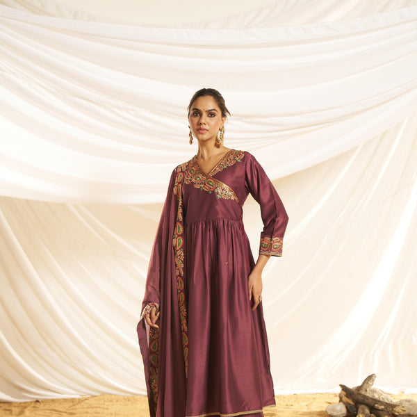 BulBul Women Wine Embroidered Premium Silk Angrakha Pattern Flare Suit With Dupatta