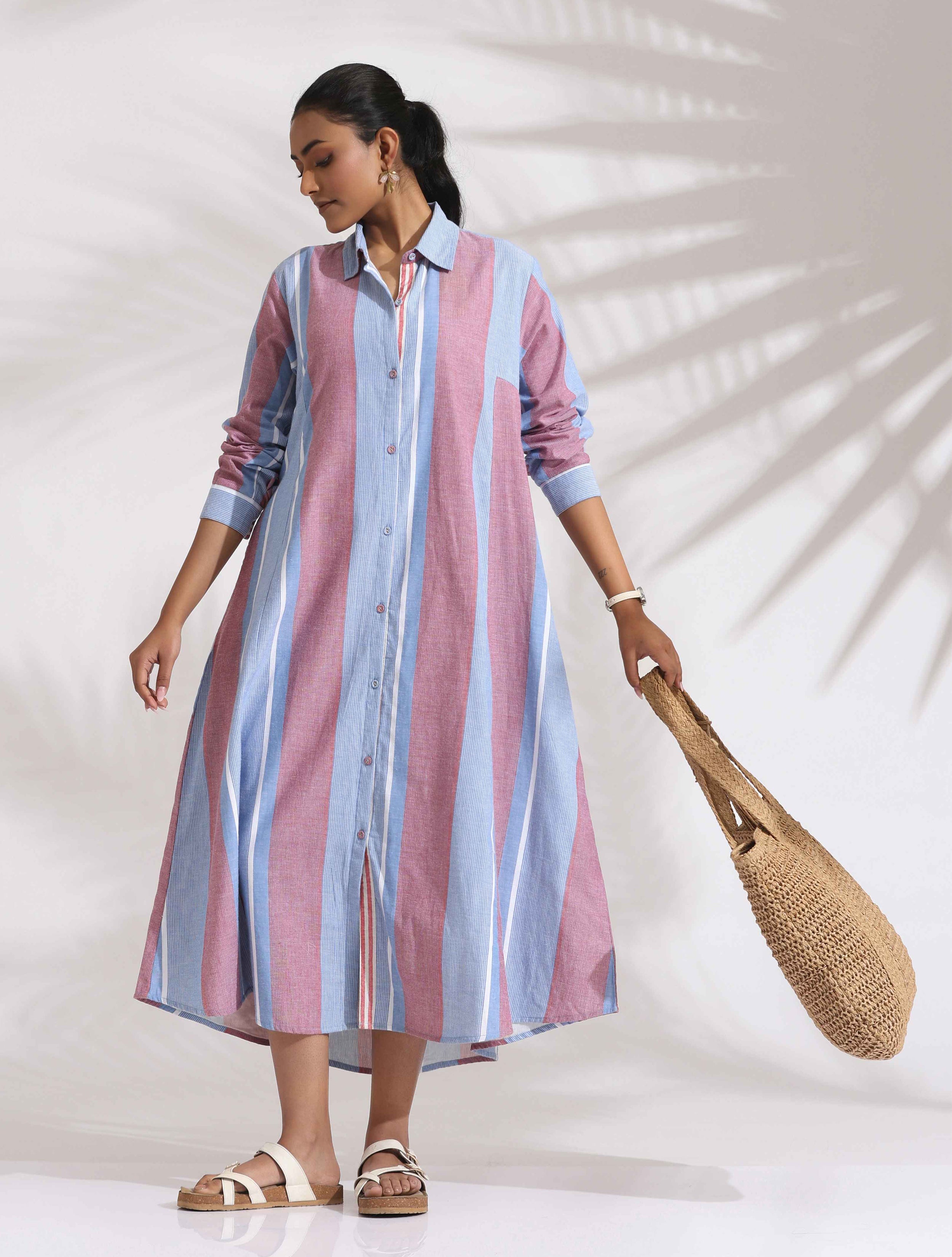 trueBrowns Blue Cotton Stripe Flared Shirt Dress - Distacart