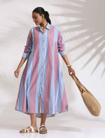 Thumbnail for trueBrowns Blue Cotton Stripe Flared Shirt Dress