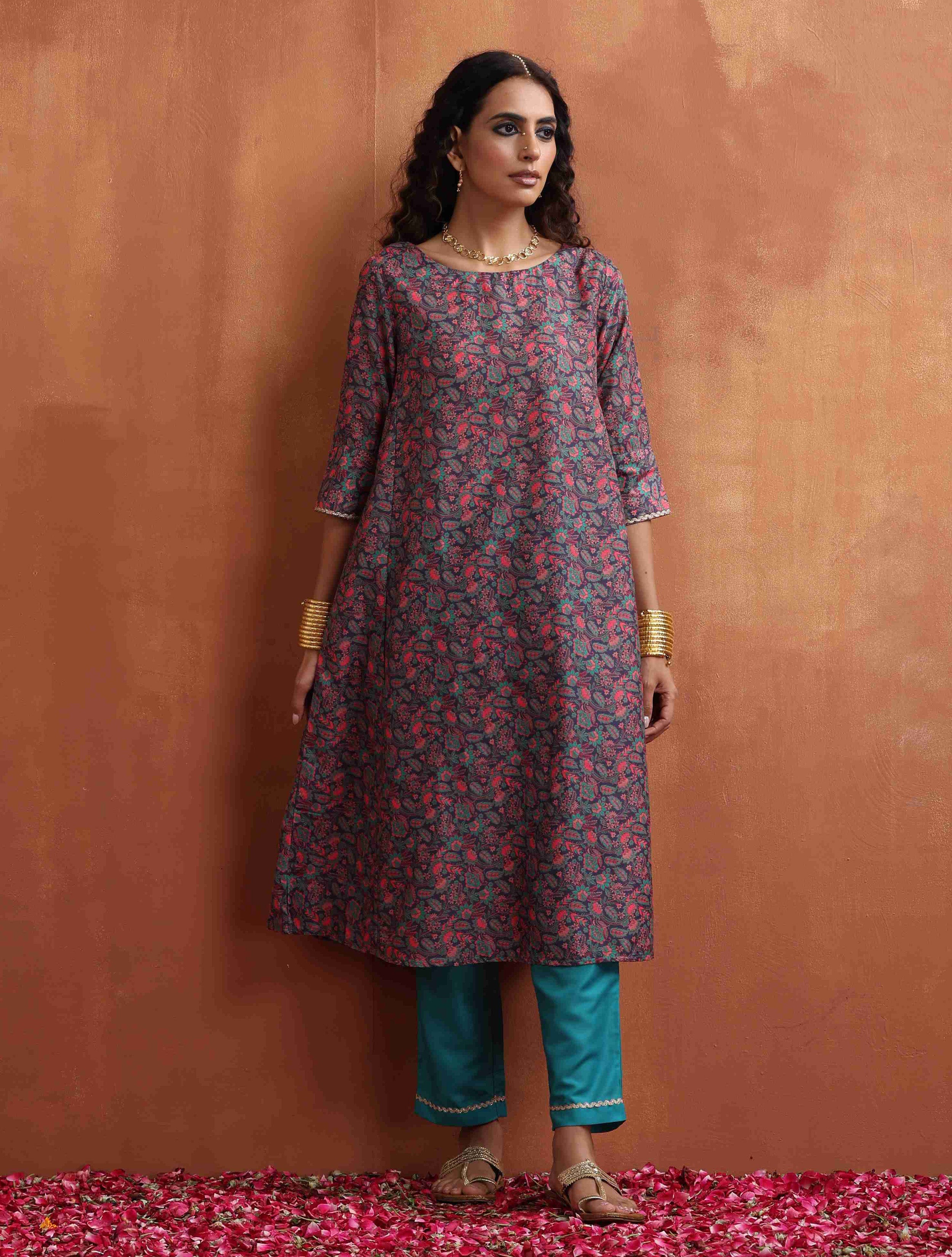 trueBrowns Purple Print A-line Kurta Set - Distacart