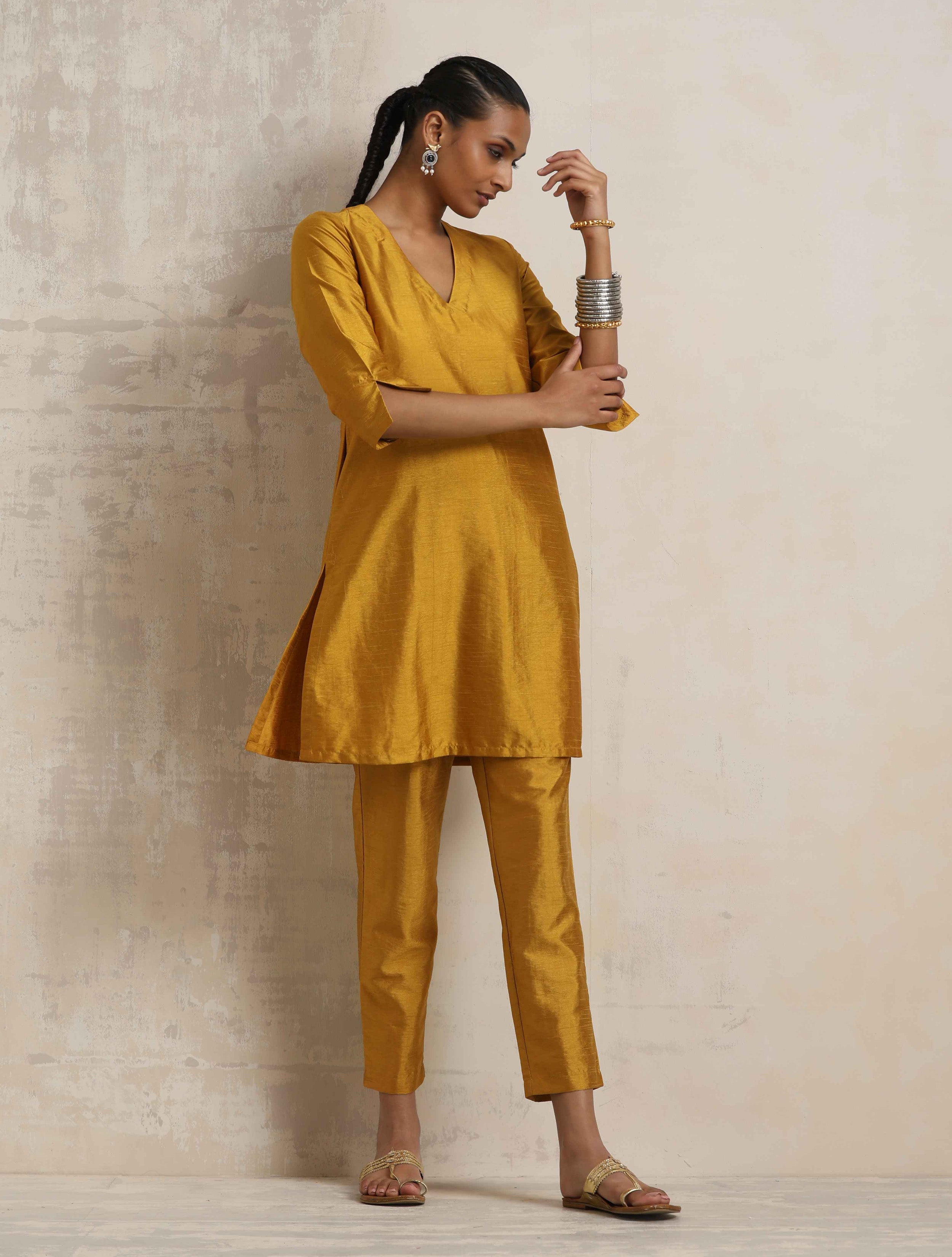 trueBrowns Gold Silk Kurta Co-ord Set - Distacart