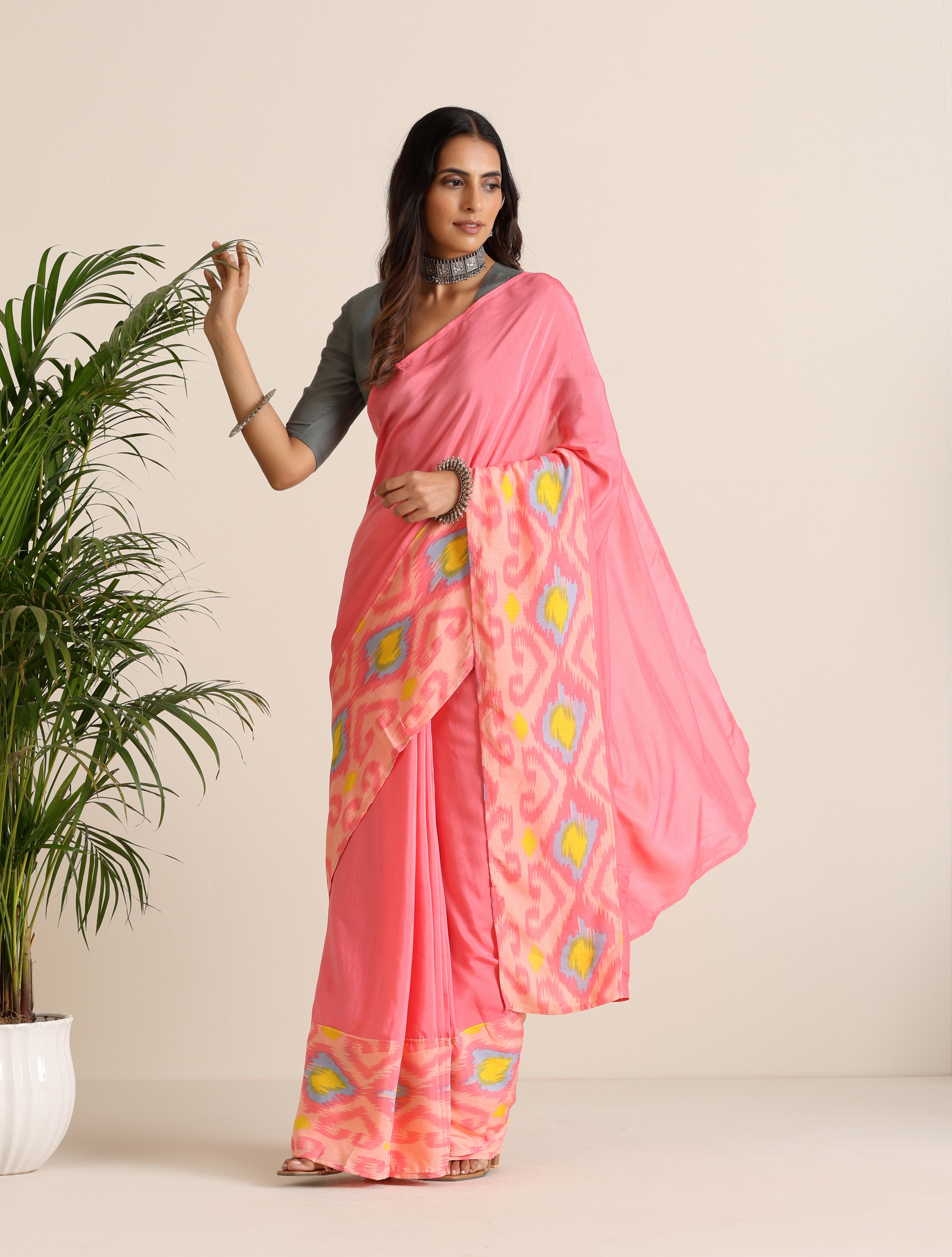 trueBrowns Pink Lime Muslin Ikat Saree - Distacart