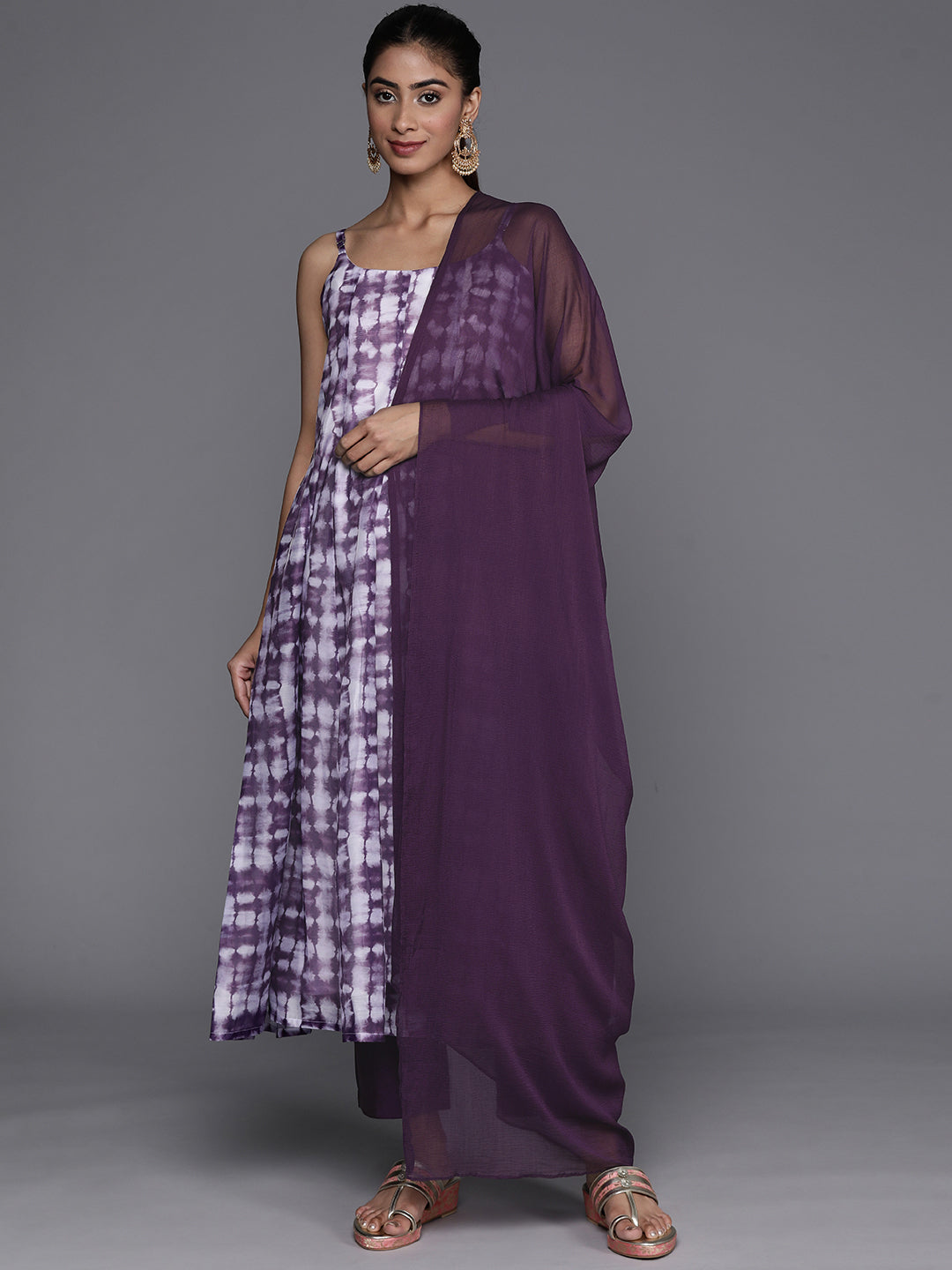 Varanga Women Violet Spaghetti Strap Anarkali Kurta Paired With Tonal Bottom And Tonal Solid Dupatta - Distacart