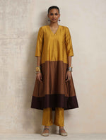 Thumbnail for trueBrowns Gold Brown Silk A-line Kurta Set - Distacart
