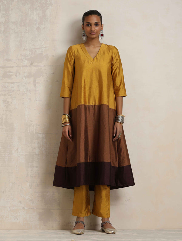 trueBrowns Gold Brown Silk A-line Kurta Set - Distacart