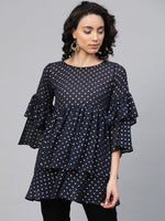 Thumbnail for Ahalyaa Women Navy Blue & Golden Polka Dots Print Tiered Beautiful Tunic