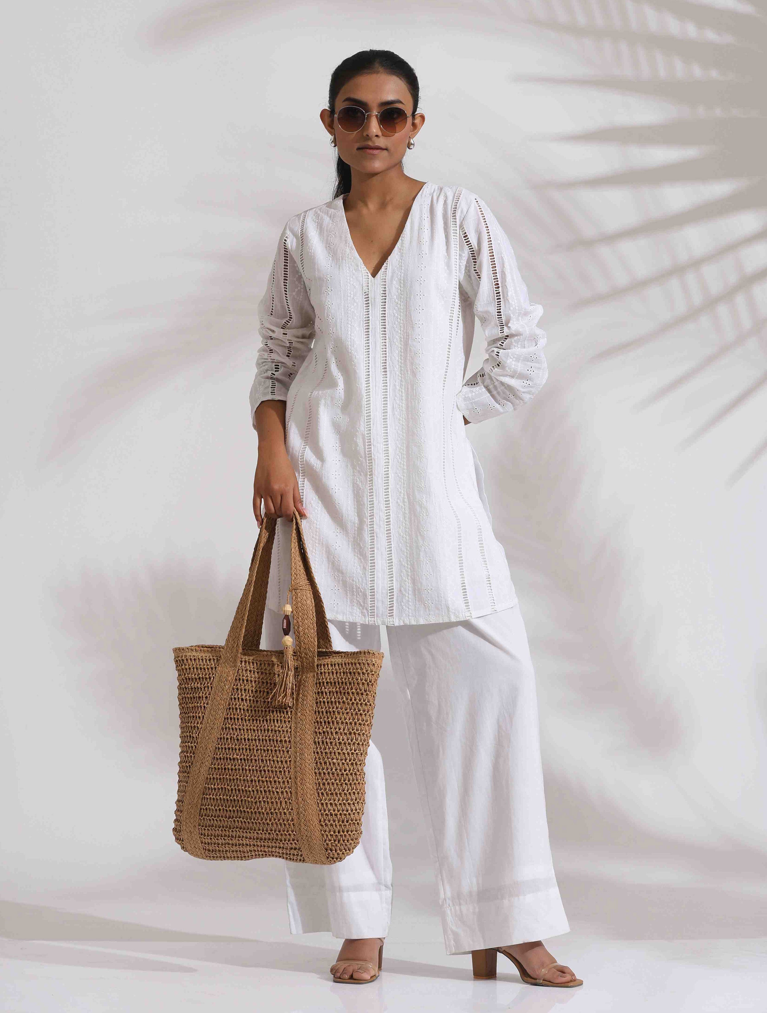 trueBrowns White Cotton Schiffli Co-ord Set - Distacart