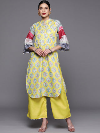 Ahalyaa Women's Yellow Pure Blend Digital Printed Kurta Palazzo Set - Distacart
