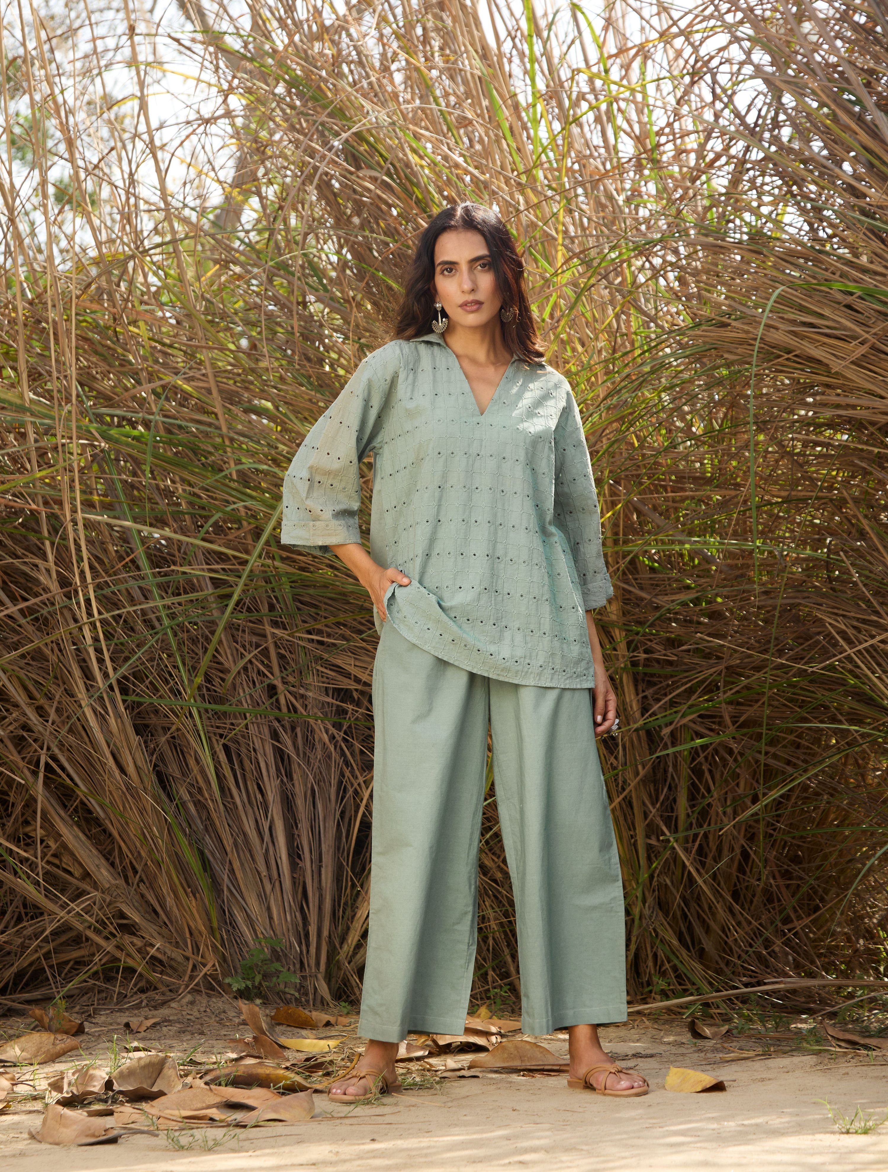 trueBrowns Blue Cotton Cutwork Embroidered Co-ord Set - Distacart