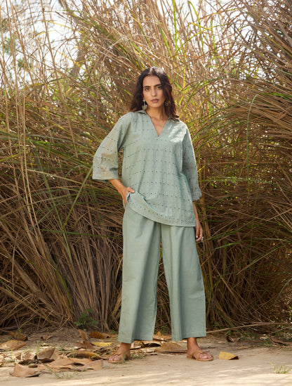 trueBrowns Blue Cotton Cutwork Embroidered Co-ord Set - Distacart