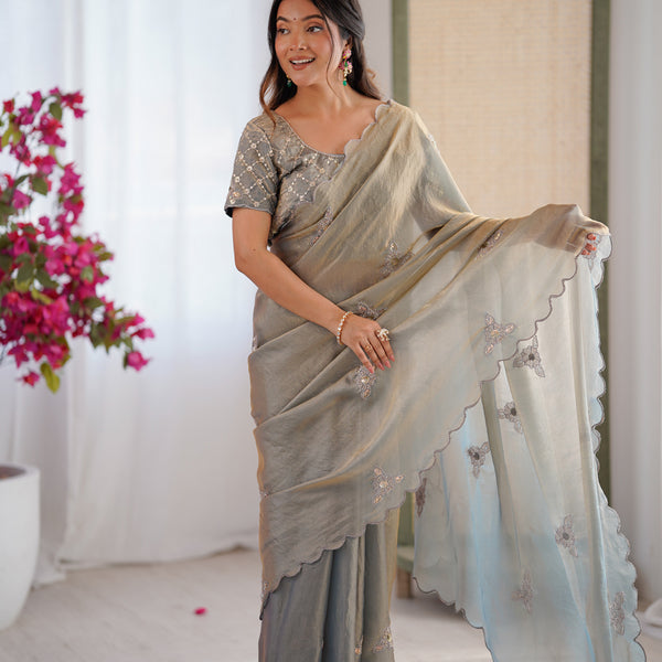 Evanik Designer Heavy Fendy Satin With Beads Embroidered Work Saree With Unstitched Blouse