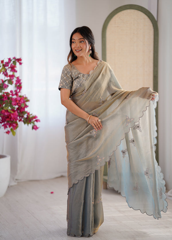 Evanik Designer Heavy Fendy Satin With Beads Embroidered Work Saree With Unstitched Blouse