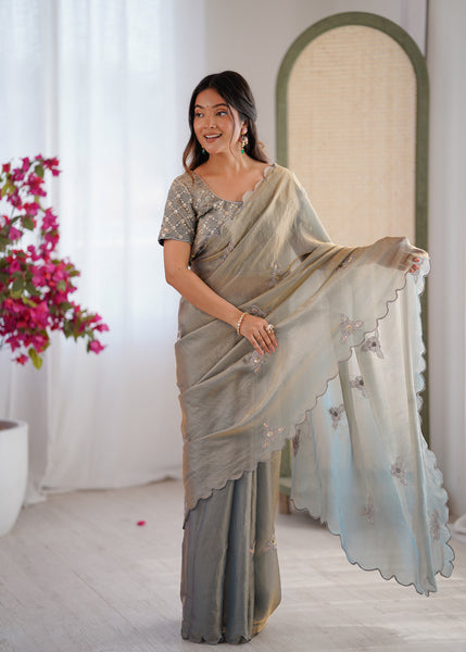 Evanik Designer Heavy Fendy Satin With Beads Embroidered Work Saree With Unstitched Blouse