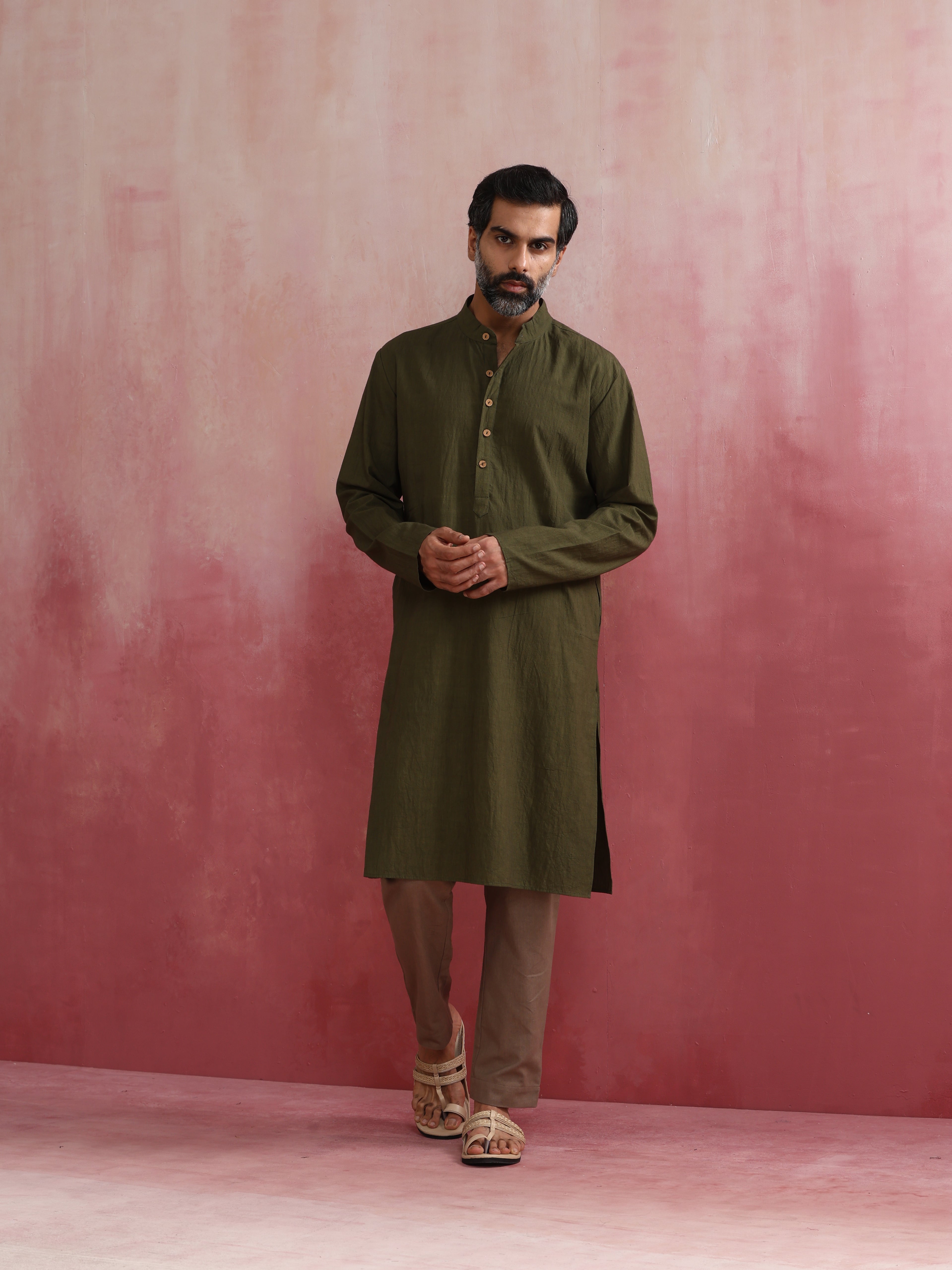 trueBrowns Men's Olive green Mandarin Collar Kurta - Distacart