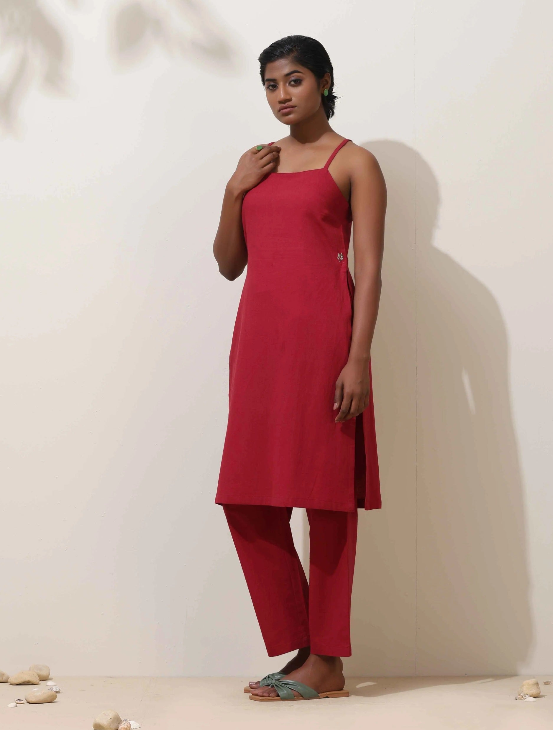 trueBrowns Maroon Cotton Linen Kurta Co-Ord Set - Distacart