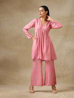 Thumbnail for trueBrowns Light Mauve Bandhani Printed Silk Flared Kurta Pant Set - Distacart