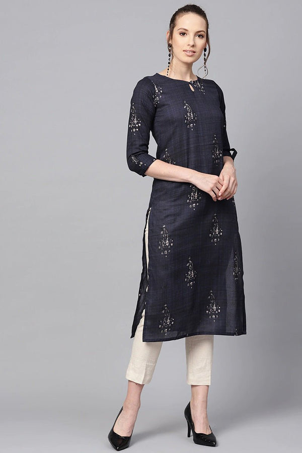 Ahika Women Rayon Blend Navy Blue and Off-White color Printed Straight Kurta