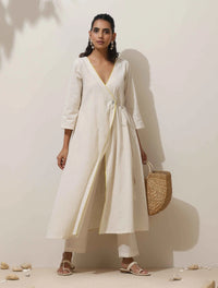 Thumbnail for trueBrowns Off White Cotton Linen Angrakha Kurta Pant Set