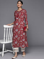 Thumbnail for Varanga Women Maroon Floral Printed Straight Kurta With Side Slits - Distacart