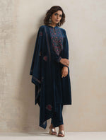 Thumbnail for trueBrowns Blue Velvet Floral Embroidered Kurta Pant Dupatta Set