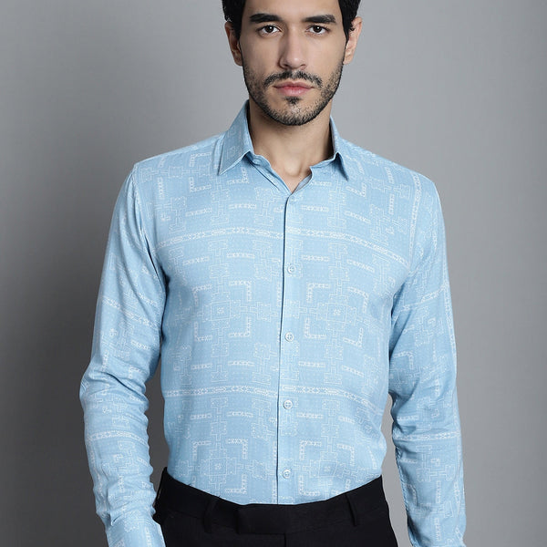 Jainish Men's Geomatric Printed Formal Shirts - Sky Blue - Distacart