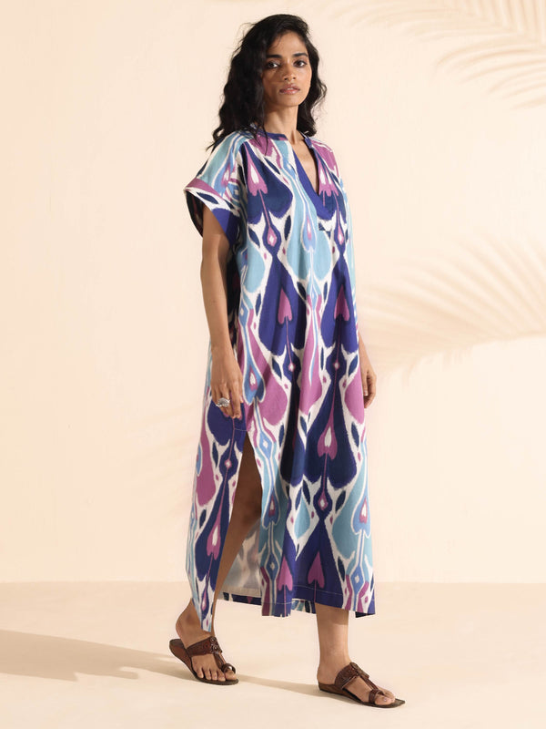 trueBrowns Blue Cotton Ikat Oversized Dress - Distacart
