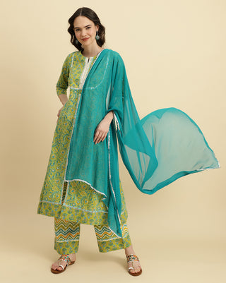 Varanga Green Floral Printed A-Line Kurta Paired With Printed Palazzo And Chiffon Dupatta - Distacart