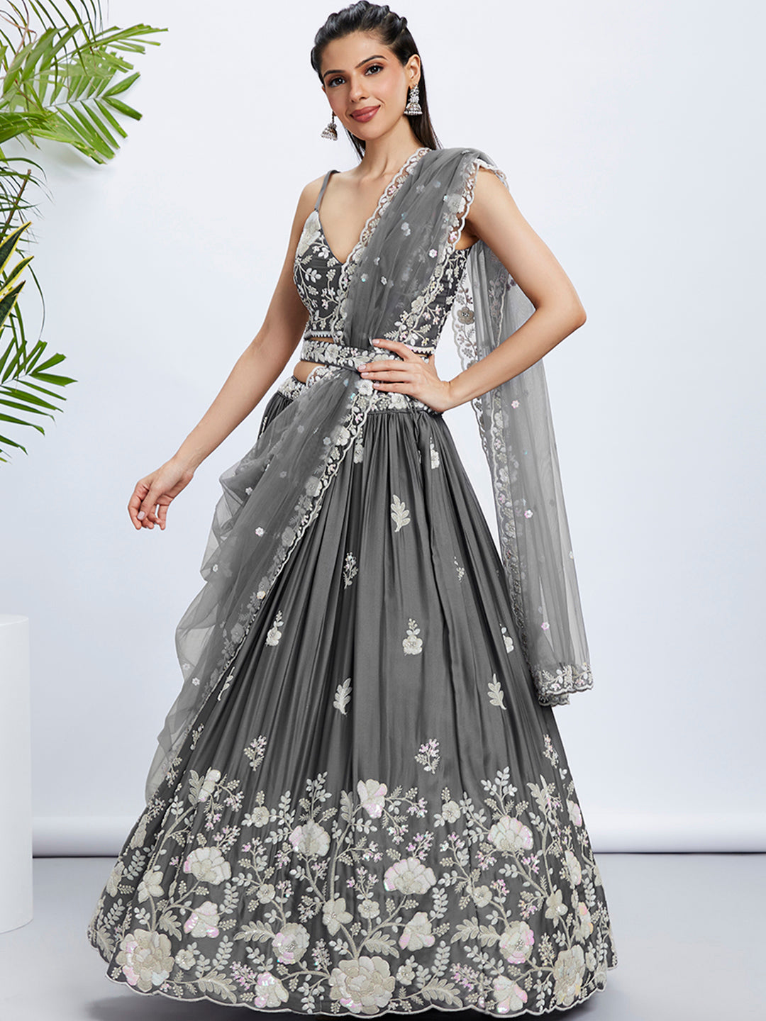 House of Panchhi Navy Blue Georgette Sequins, Mirror And Thread Embroidery Lehenga Choli & Dupatta - Distacart