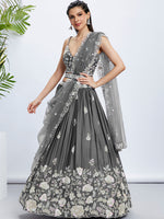 Thumbnail for House of Panchhi Navy Blue Georgette Sequins, Mirror And Thread Embroidery Lehenga Choli & Dupatta - Distacart