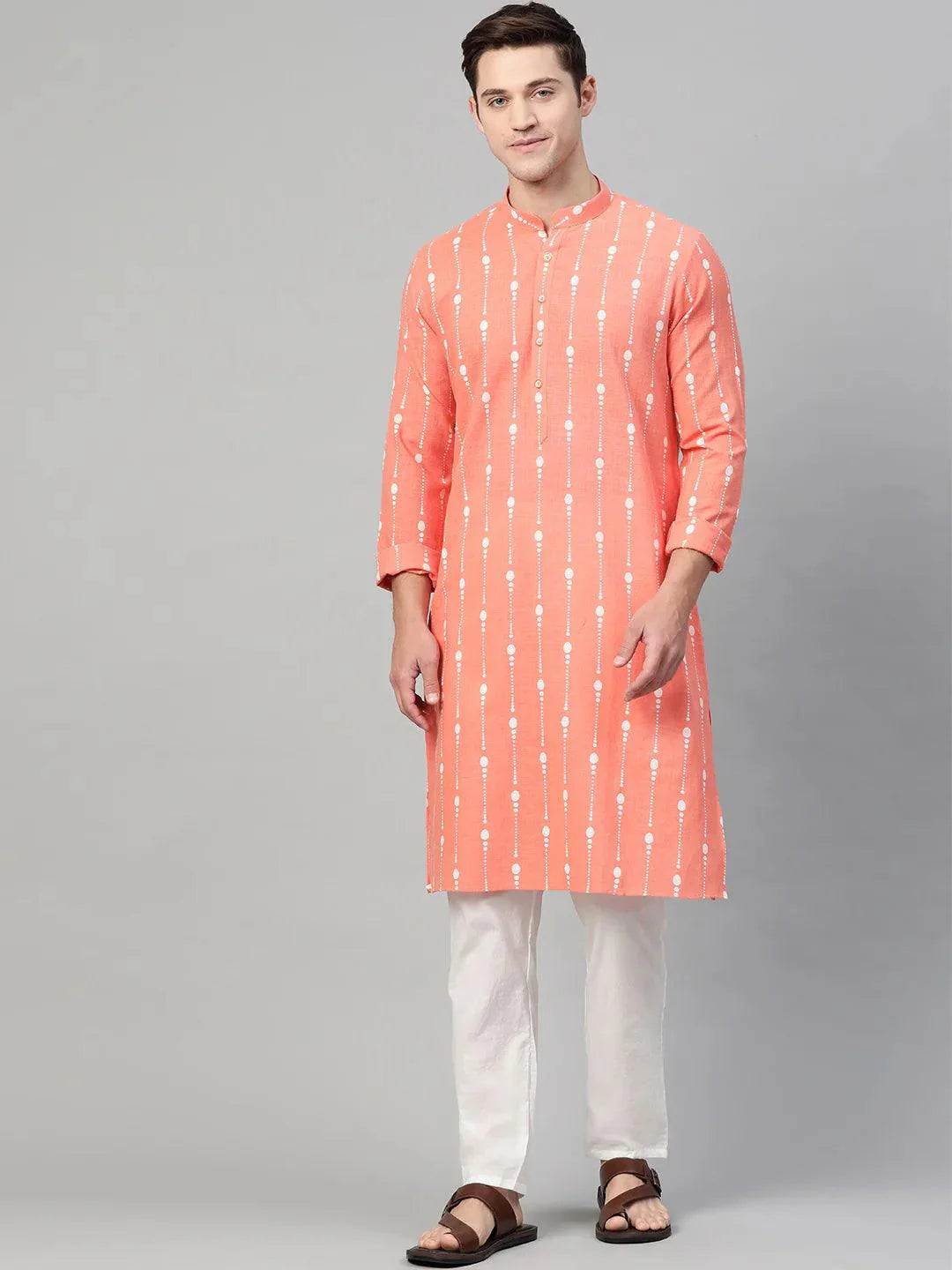 Fabmade Peach & White Printed Straight Kurta With Pyjama For Men - Distacart