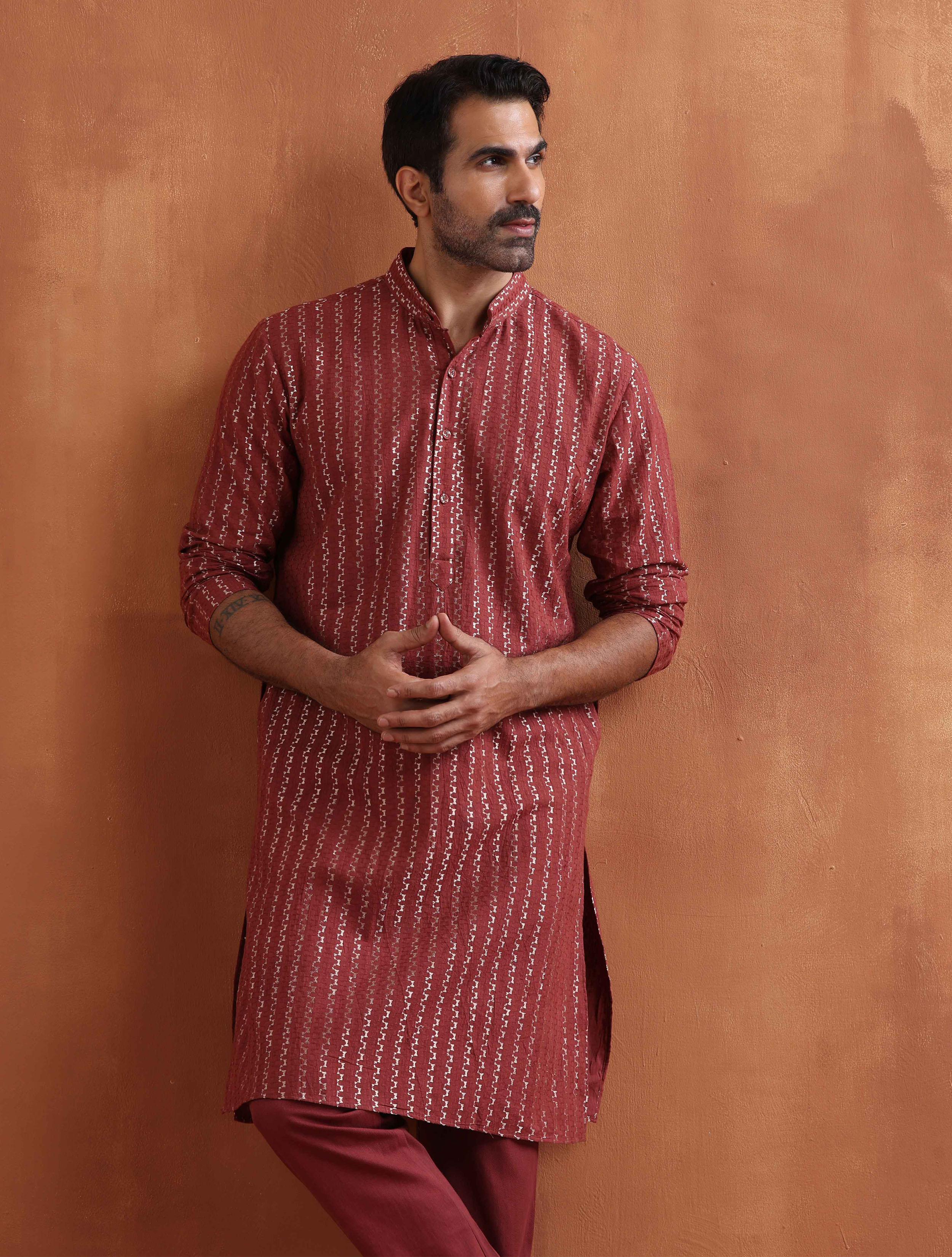 trueBrowns Men's Rust Cotton Dobby Kurta - Distacart