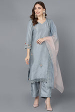 Thumbnail for Ahika Grey Poly Silk Straight Kurta Pant With Dupatta