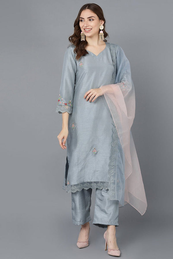 Ahika Grey Poly Silk Straight Kurta Pant With Dupatta
