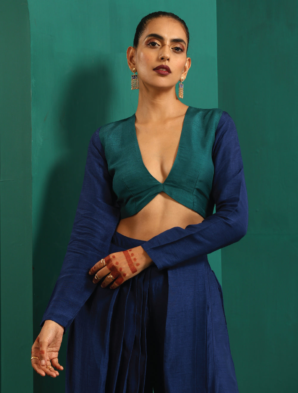 trueBrowns Teal Blue Silk Full Sleeve Blouse - Distacart