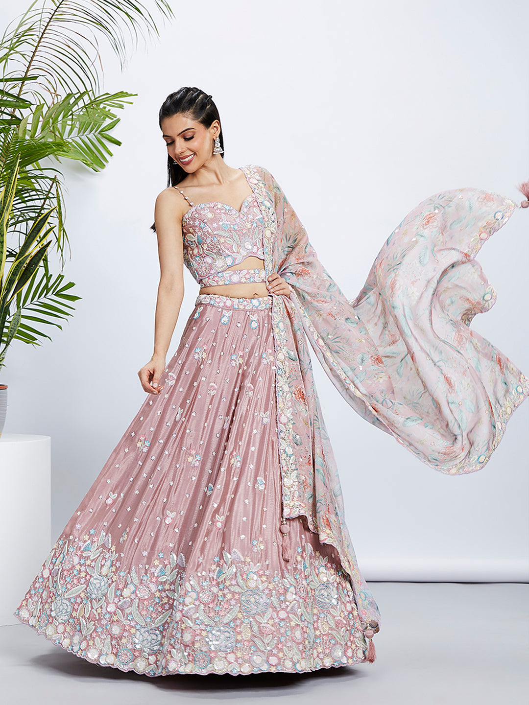 House of Panchhi Green Chiffon Position Print With Sequins Embroidery Lehenga Choli & Dupatta - Distacart