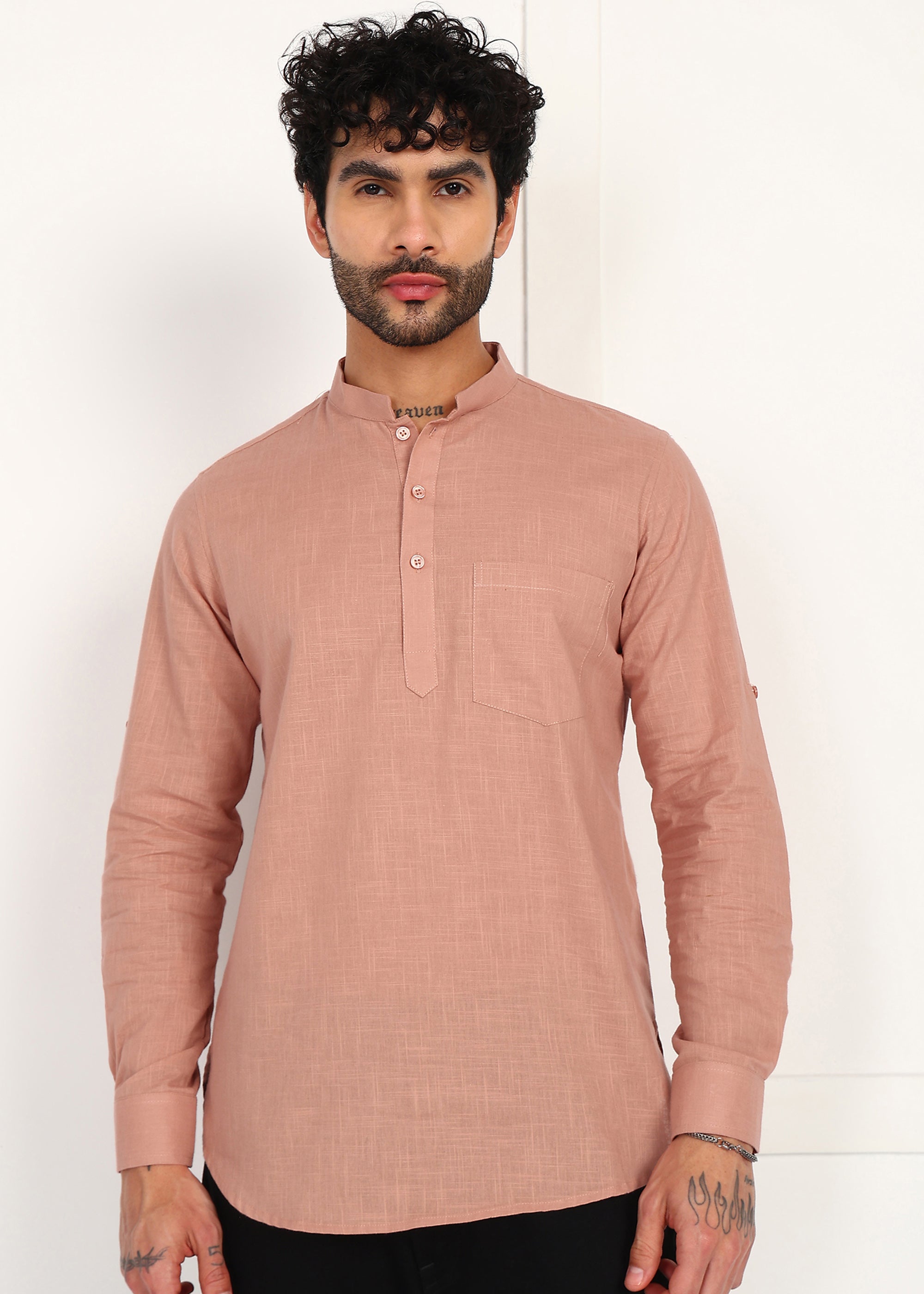 Fabmade Men’S Peach Linen Short Kurta - Distacart