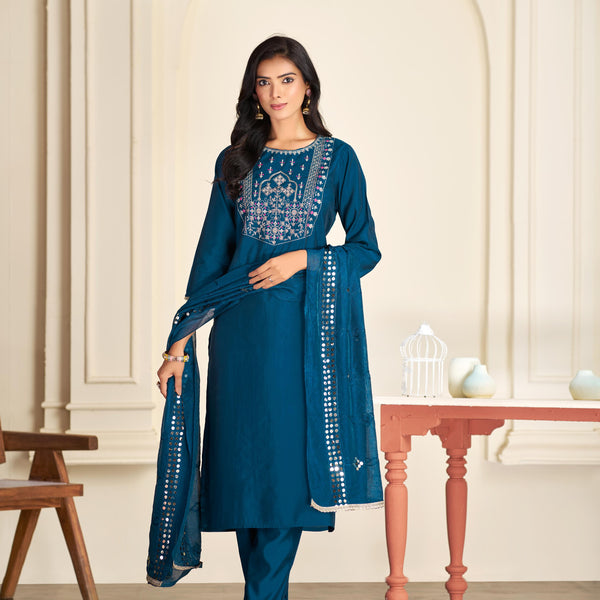 BulBul Prachi Silk Teal Kurta Set with Dupatta