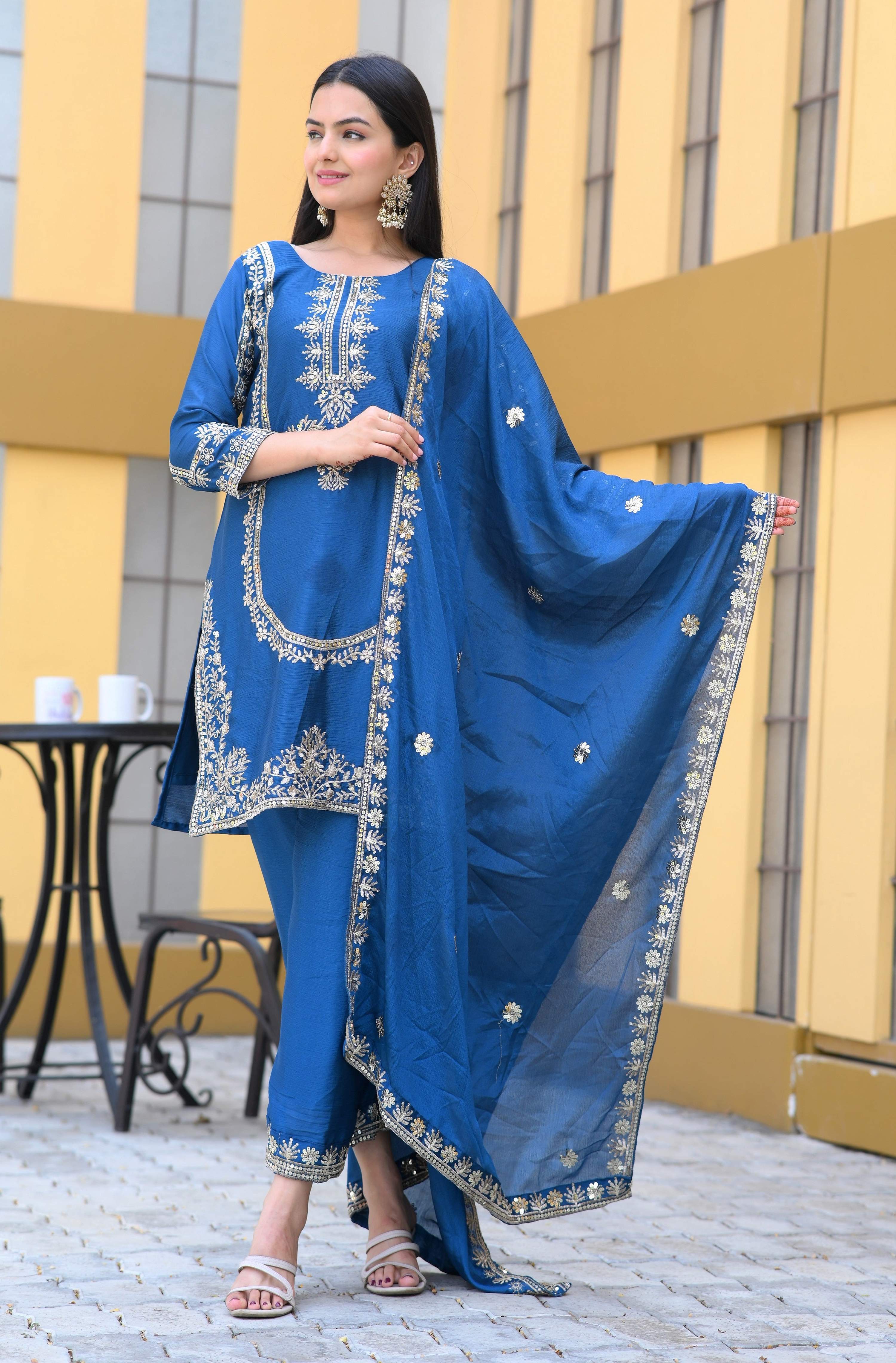 Teeya Creation Blue Color Chinon Silk Heavy Embroidery Work Fully Stitched Salwar Suit - Distacart