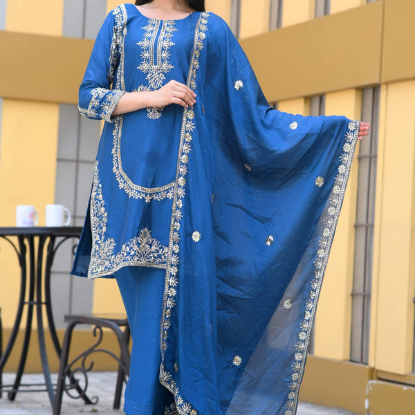 Teeya Creation Blue Color Chinon Silk Heavy Embroidery Work Fully Stitched Salwar Suit - Distacart