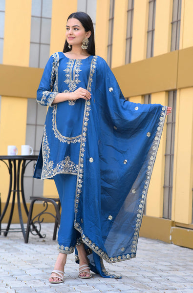 Teeya Creation Blue Color Chinon Silk Heavy Embroidery Work Fully Stitched Salwar Suit