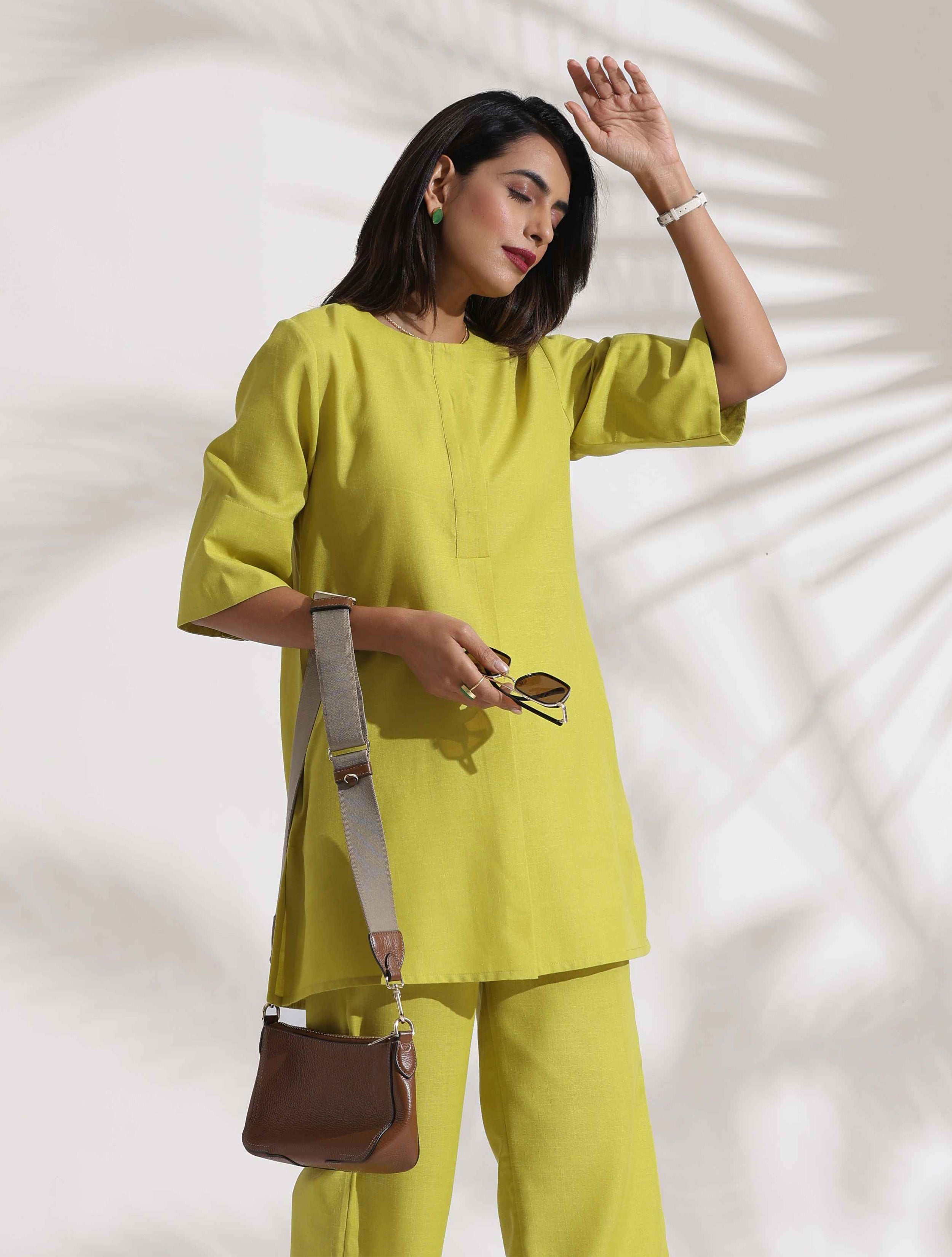 trueBrowns Lime Slub Co-ord Set - Distacart