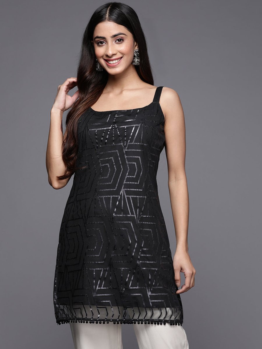 Ahalyaa Square Neck Printed Embellished Crepe Tunic - Distacart
