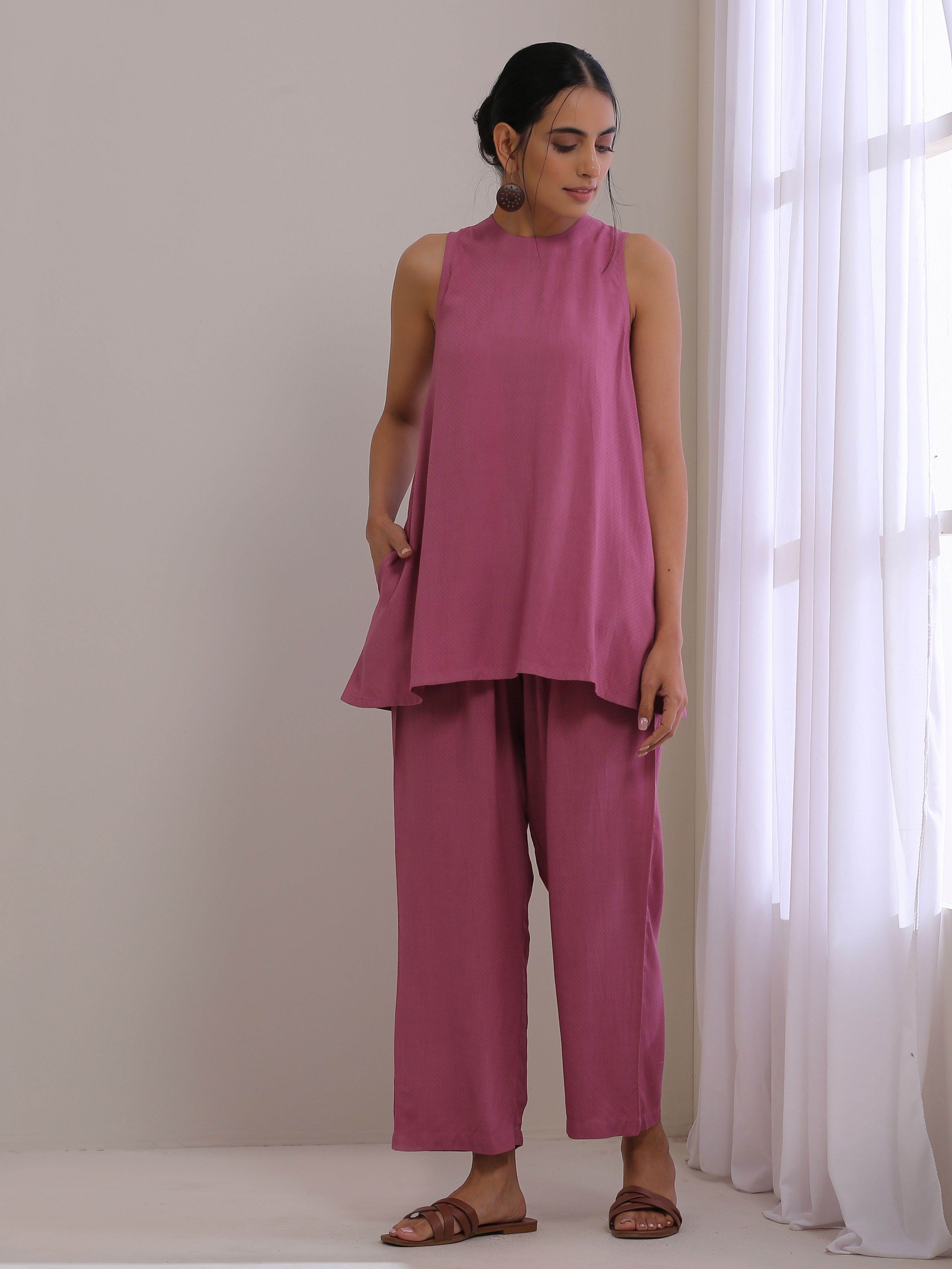 trueBrowns Onion Pink Dobby Sleeveless Short Co-Ord Set - Distacart