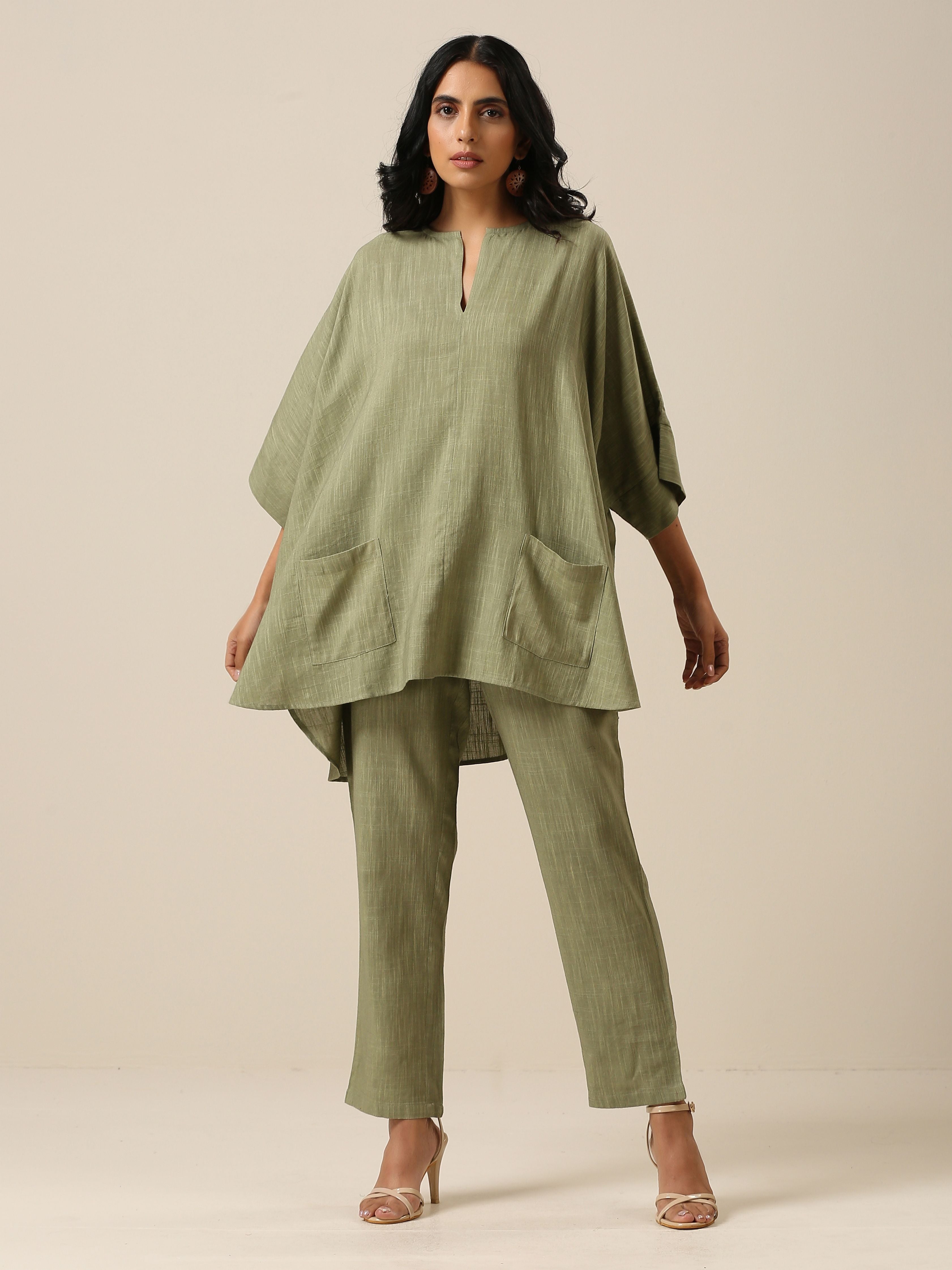 trueBrowns Sage Slub Texture Boxy Fit High Low Co-Ord Set - Distacart
