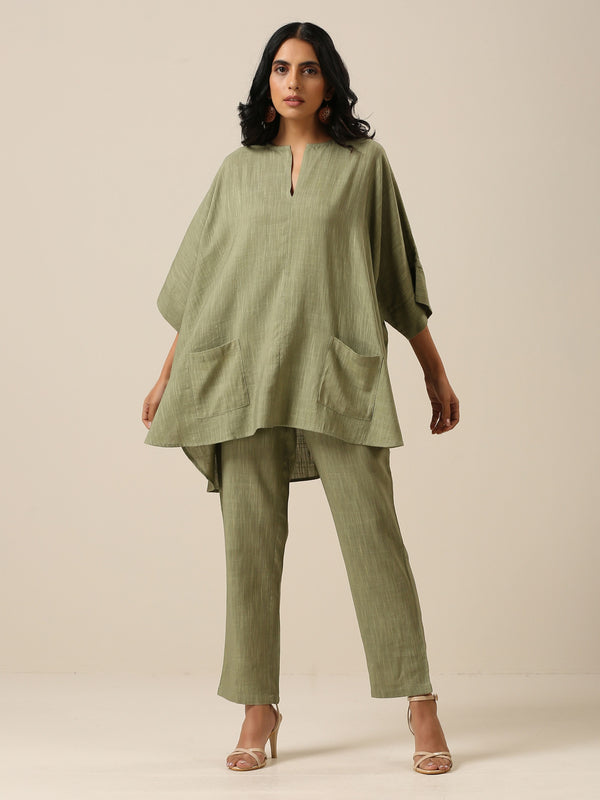 trueBrowns Sage Slub Texture Boxy Fit High Low Co-Ord Set - Distacart