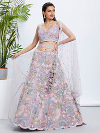 Thumbnail for House of Panchhi Pink Chiffon Sequins And Thread Embroidery Lehenga Choli & Printed Dupatta - Distacart