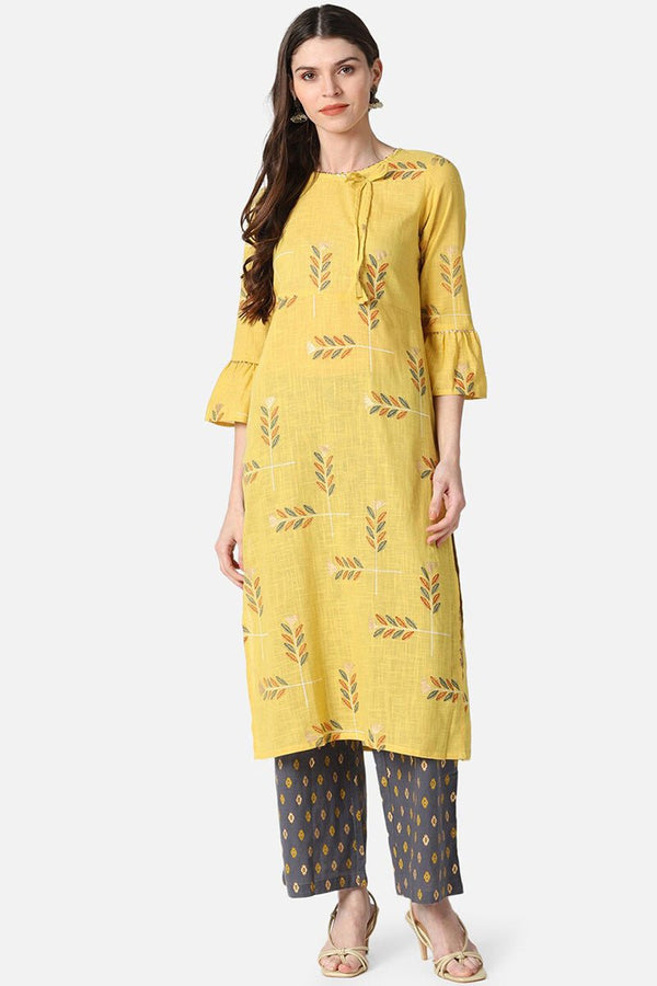 Ahika Yellow Cotton Ethnic Motifs Kurta Set - Distacart