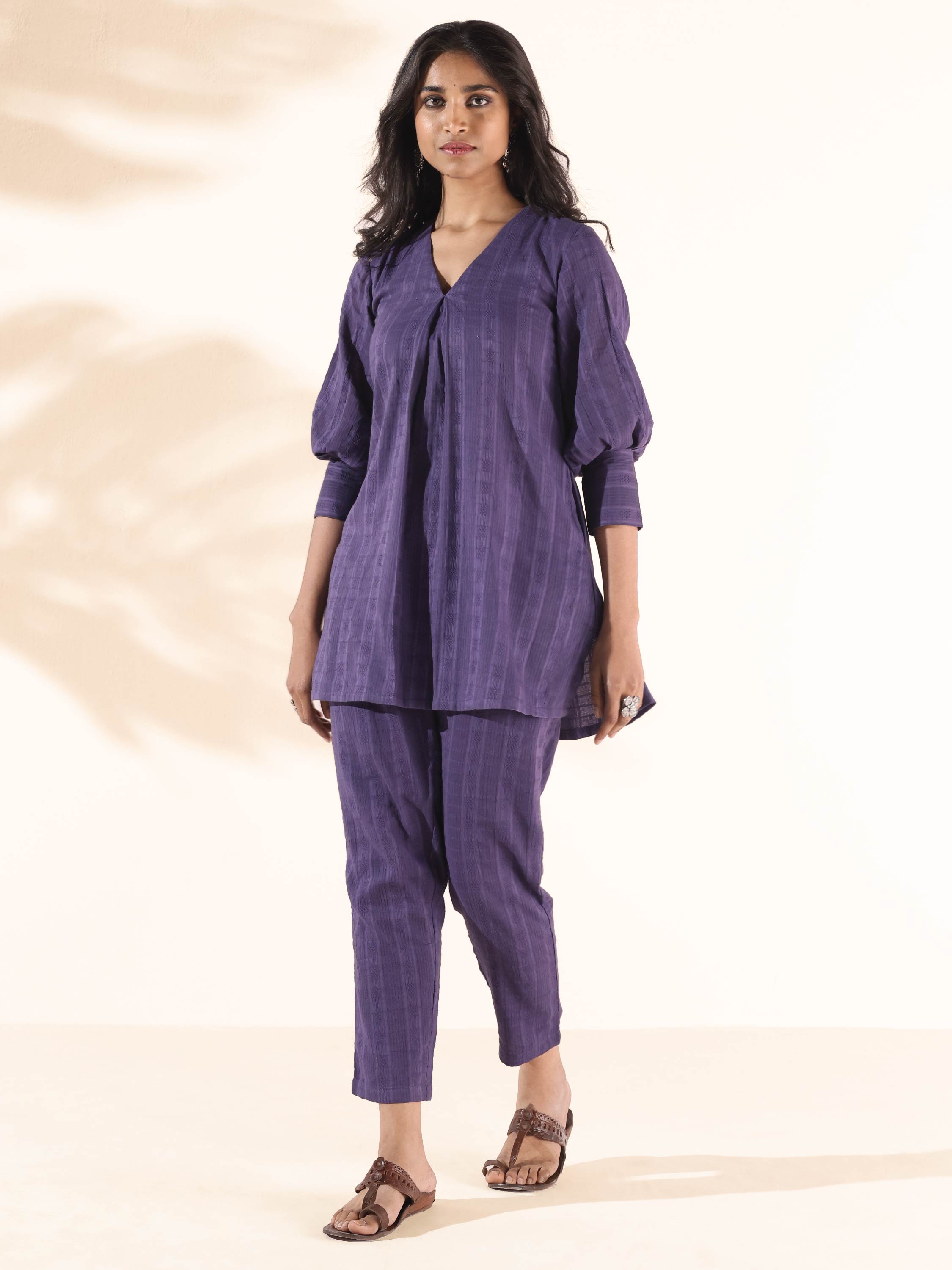 trueBrowns Purple Cotton Dobby Co-ord Set - Distacart